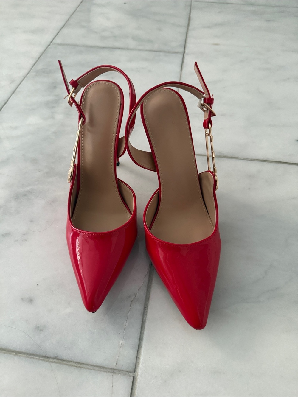 Patent Red Pointed-Toe Slingback Heels with Gold Buckle